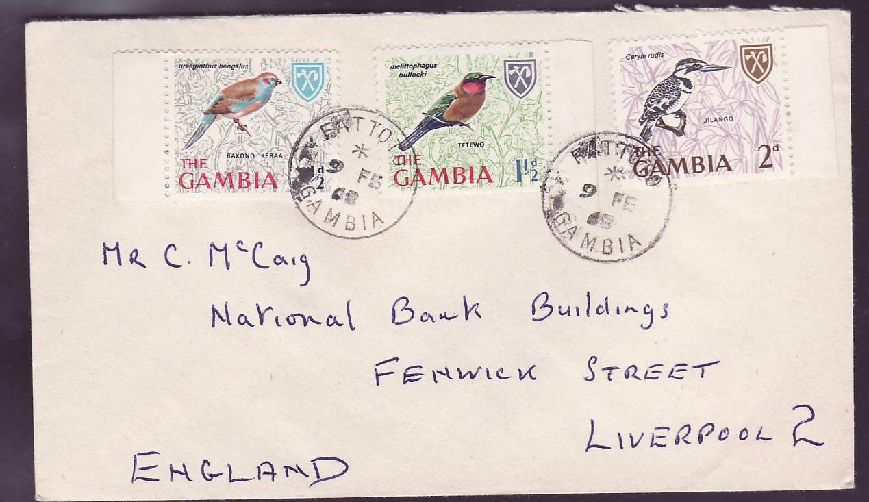Gambie Gambia Rare Fattoto (small office) cover with Bird Set canc 1968 to Liverpool  England