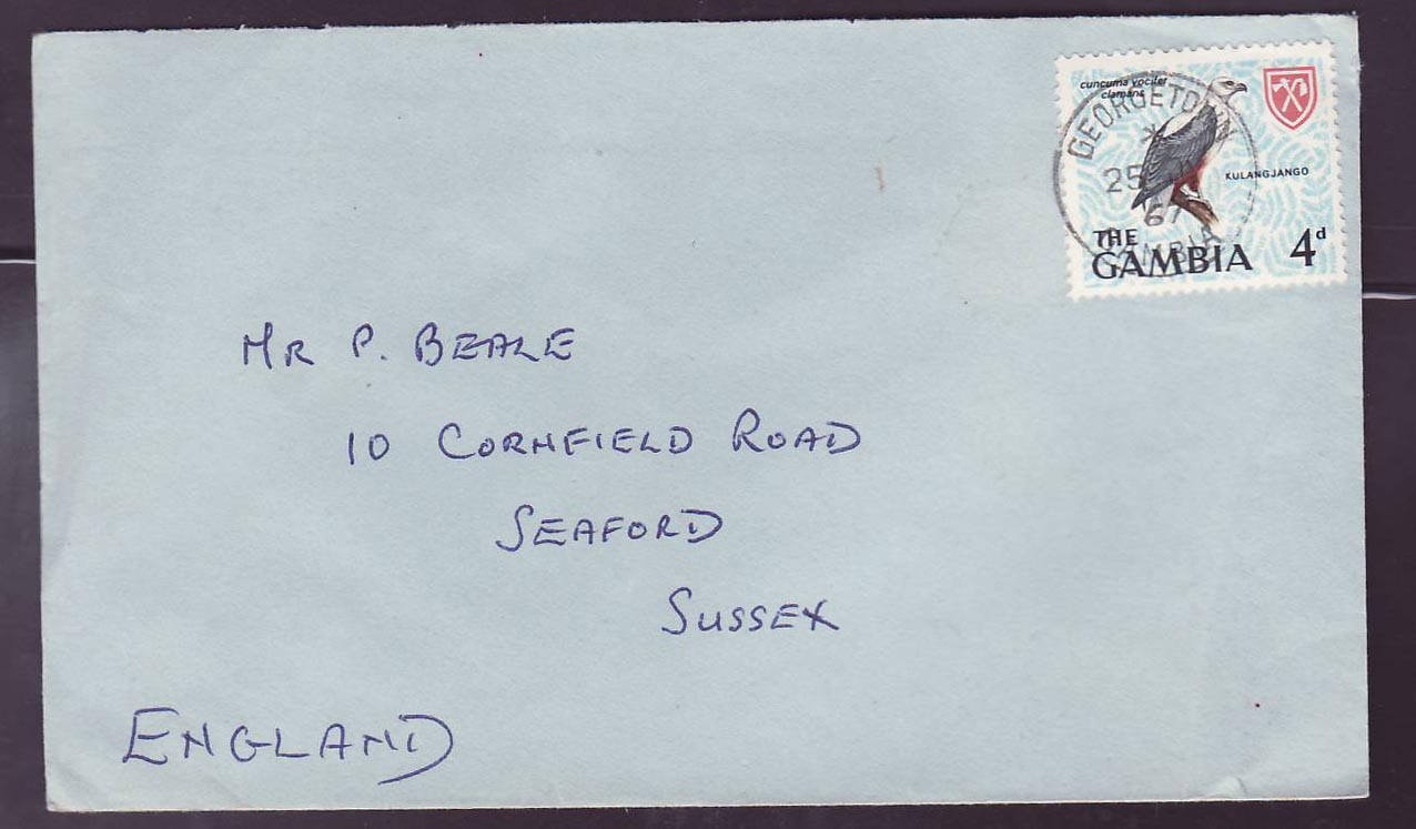 Gambie Gambia Georgetown can on 1967 cover to Seaford  England  Kulangjambo  Oiseau