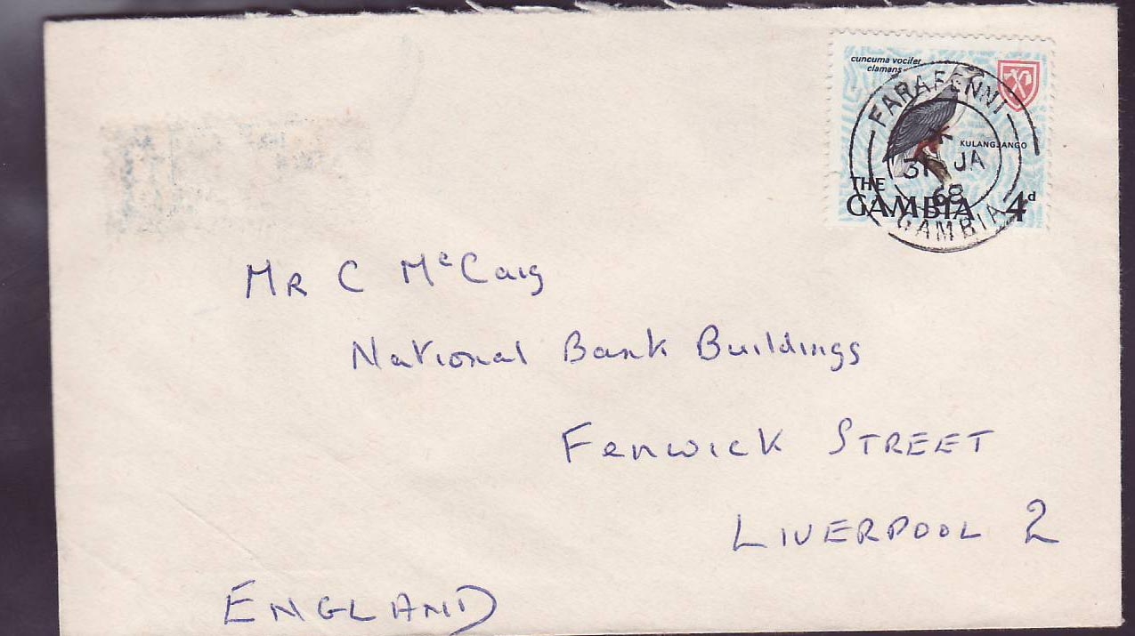 Gambie Gambia Farafenni (small office) on 1968 cover to Liverpool  England Oiseau