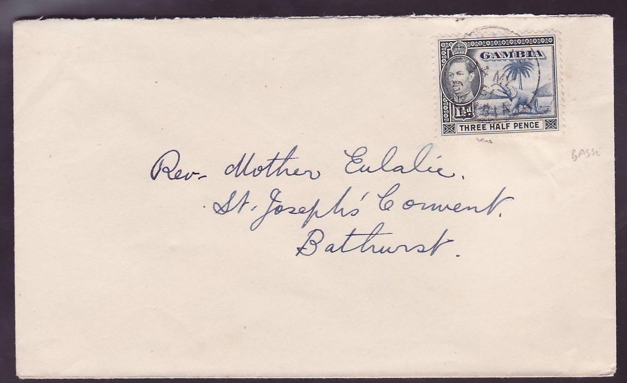 Gambie Gambia Basse cover on 1 1/2d Elephant Stamp to Bathurst dated 1951