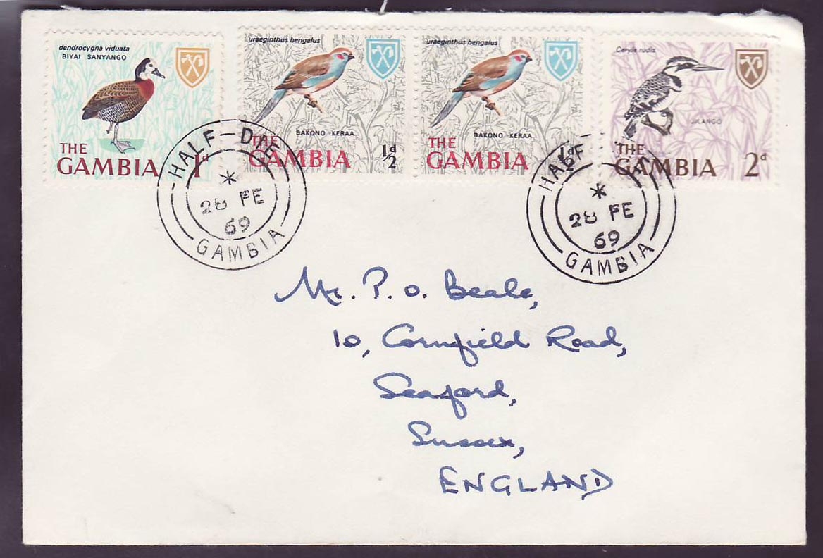 Gambie Gambia Half-Die Bird Set on 1969 cover  to Seaford  England (Oiseau)