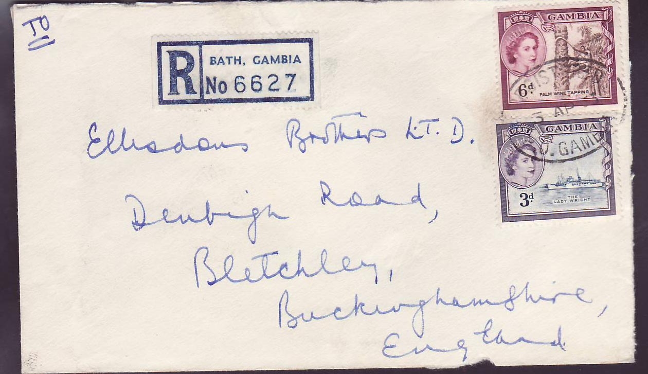 Gambie Gambia 2 QEII stamps on Bath cover to England  can 1963