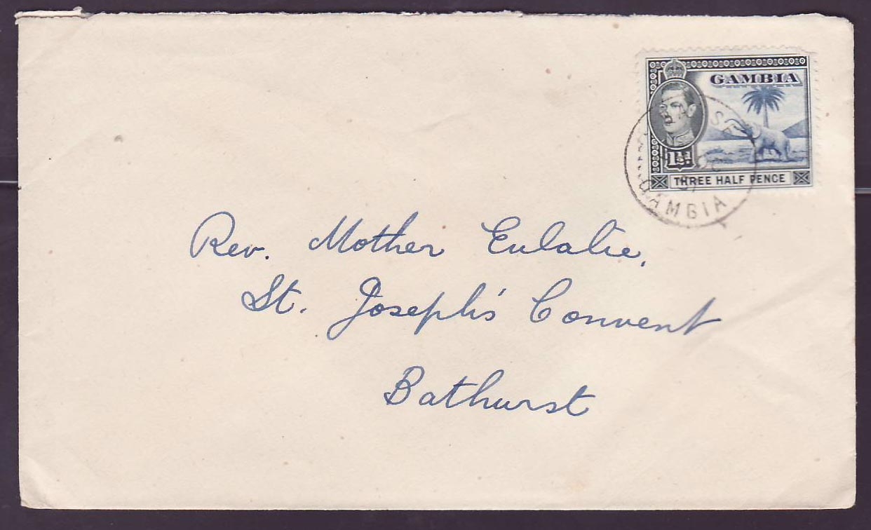 Gambie Gambia Basse cover with 1 1/2d value Elephant for Bathurst dated 1951