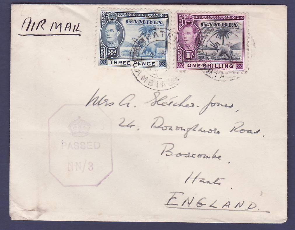 Gambie Gambia Cover 3p + 1s Elephant canc Bathurst with Censor cancellation NN/3 for Boscombe England