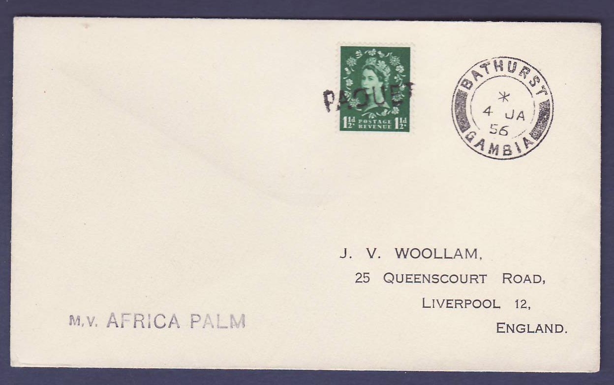 Gambie Gambia Cover with EII 1 1/2d value with PAQUET cancel Bathurst 4 JA 56 to Liverpool England