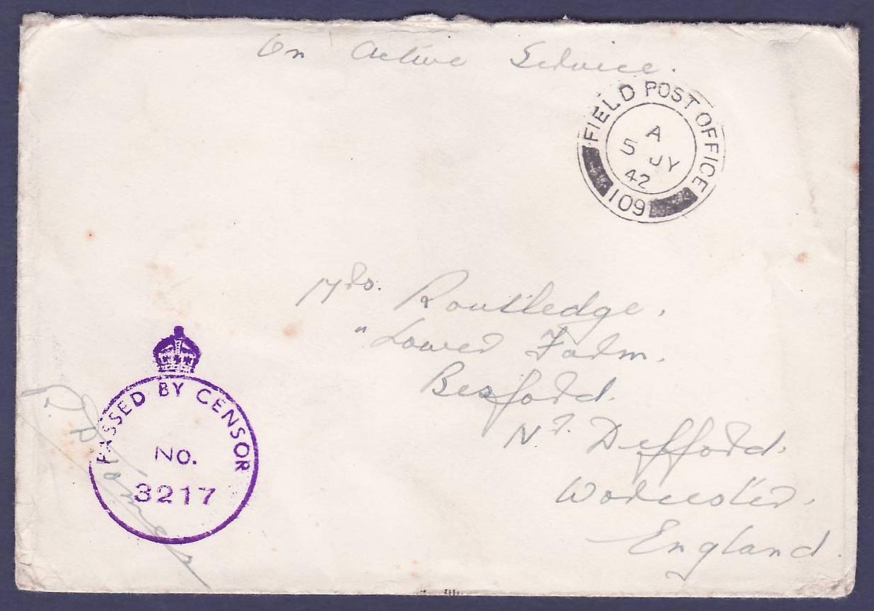 Gambie Gambia Cover with Field Post Office 109 dated 5 JY 42 and Passed by censor canc to Bedford  Worecester  England  
