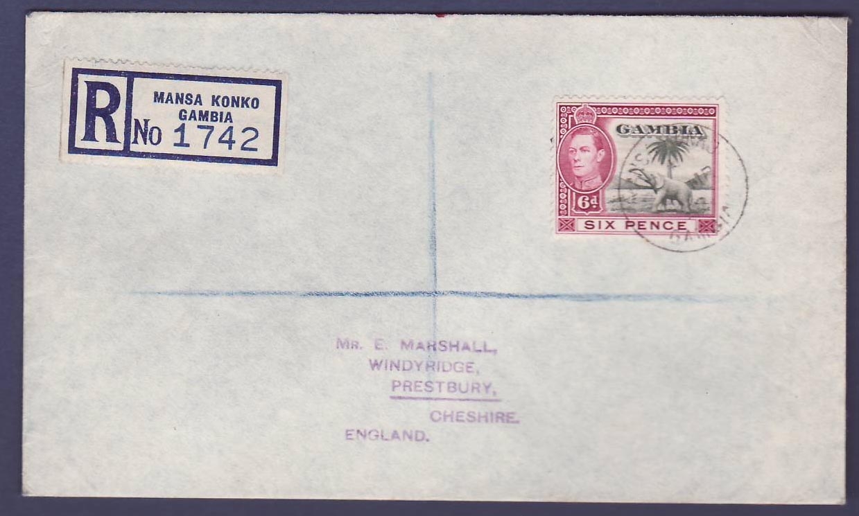 Gambie Gambia Rare Mansa Kono with 6p Elephant value canc 1952 to Prestbury Cheshire England