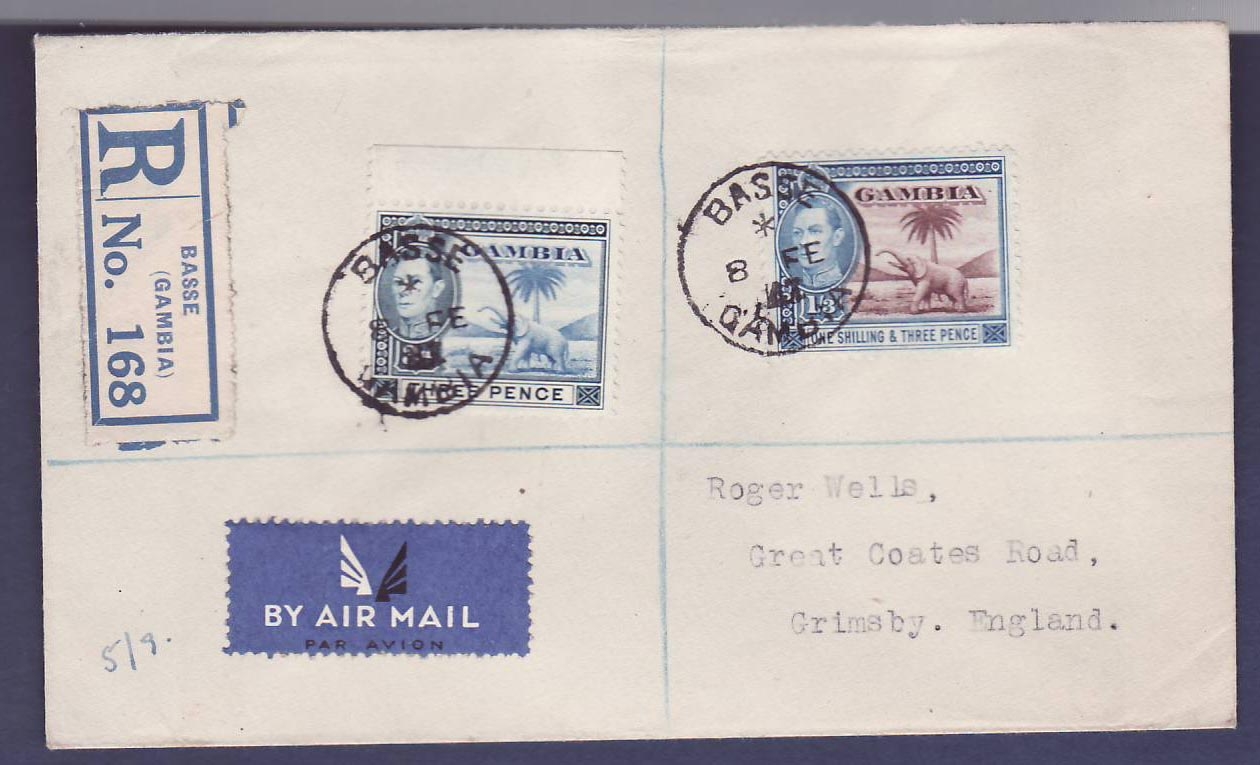 Gambie Gambia BASSE cover (small office) with Elephant values dated 8 FE 47 to Grimsby England