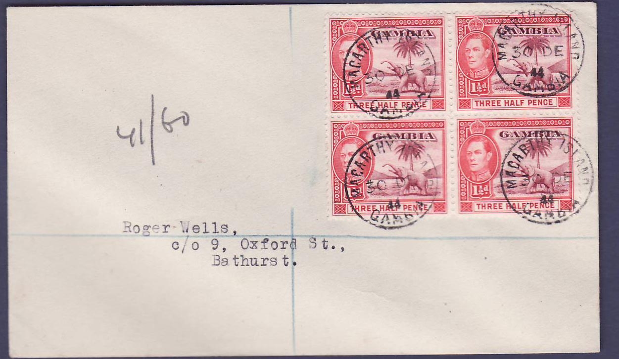 Gambie Gambia Lovely cover with block of 4 1 1/2d value and rare Macarthy Island canc dated 1944  to Bathurst