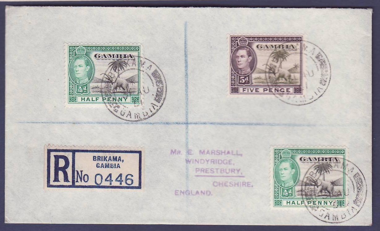 Gambie Gambia Brikama office (small office) to Prestbury Cheshire England dated 1951