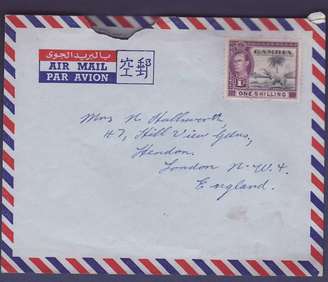 Gambie Gambia Air Mail with 1s shilling value to London England canc unclear