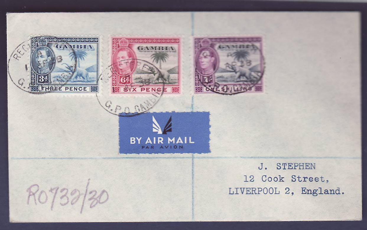 Gambie Gambia Registered mail with 3 Elephant values to Liverpool England dated AP 38