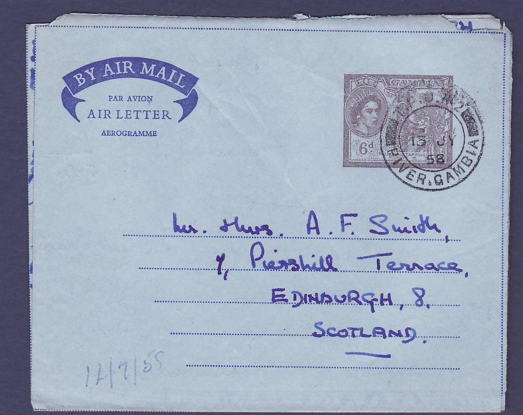 Gambie Gambia Q EII aerogram canc TPO #2 to Edinburgh Scotland dated 13 JY 58