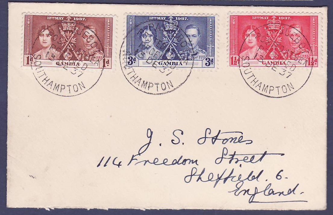 Gambie Gambia Nice Paquebot Southampton handstamps on Coronation values dated 13 DE 37 to Sheffield England