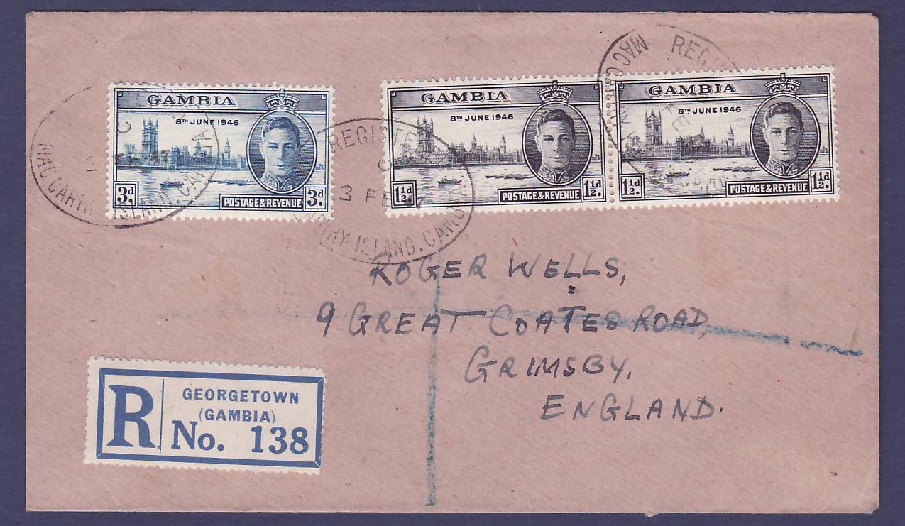 Gambie Gambia Bathurst cover with GVI values with unusual Macarthy cancellation dated 1947