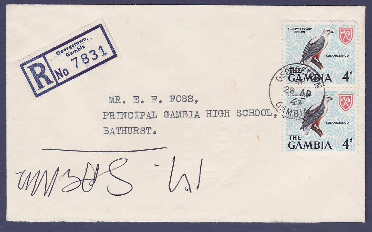 Gambie Gambia Registered cover with pair of 4d Kulangjango bird issue can Georgetown 28 AR 1967 to Bathrust (oiseau)