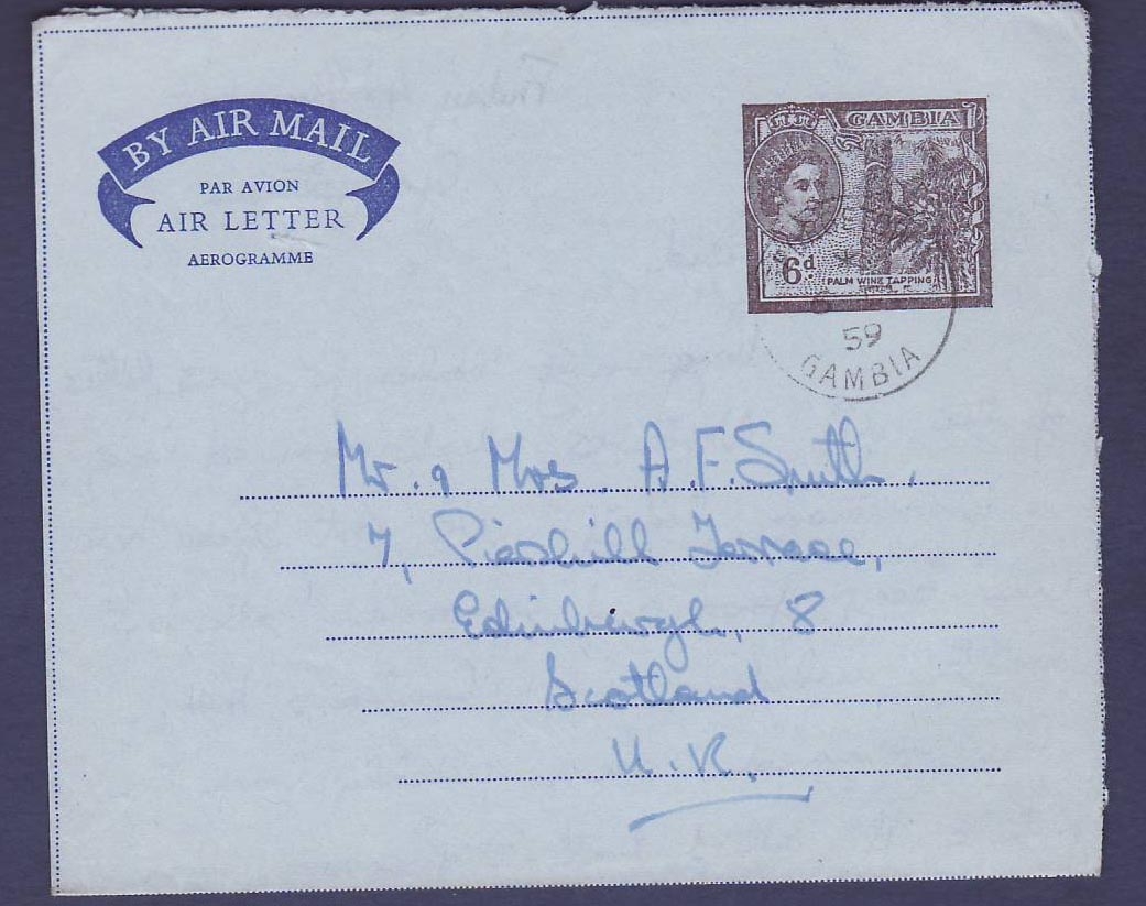 Gambie Gambia QEII Aerogram with Georgetown canc dated 1959 to Edinburgh  Scotland