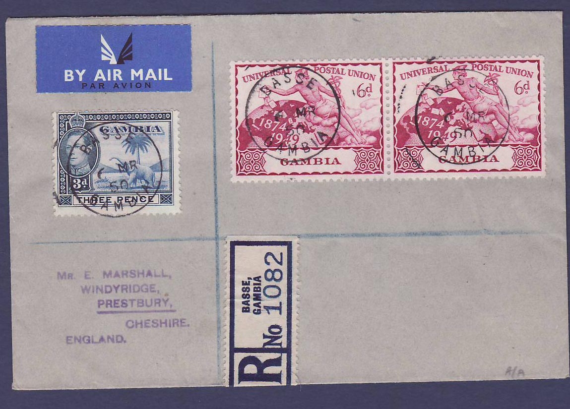 Gambie Gambia Basse (small office) cover wth UPU + Elephant issues dated MR 50 to Prestbury Cheshire England