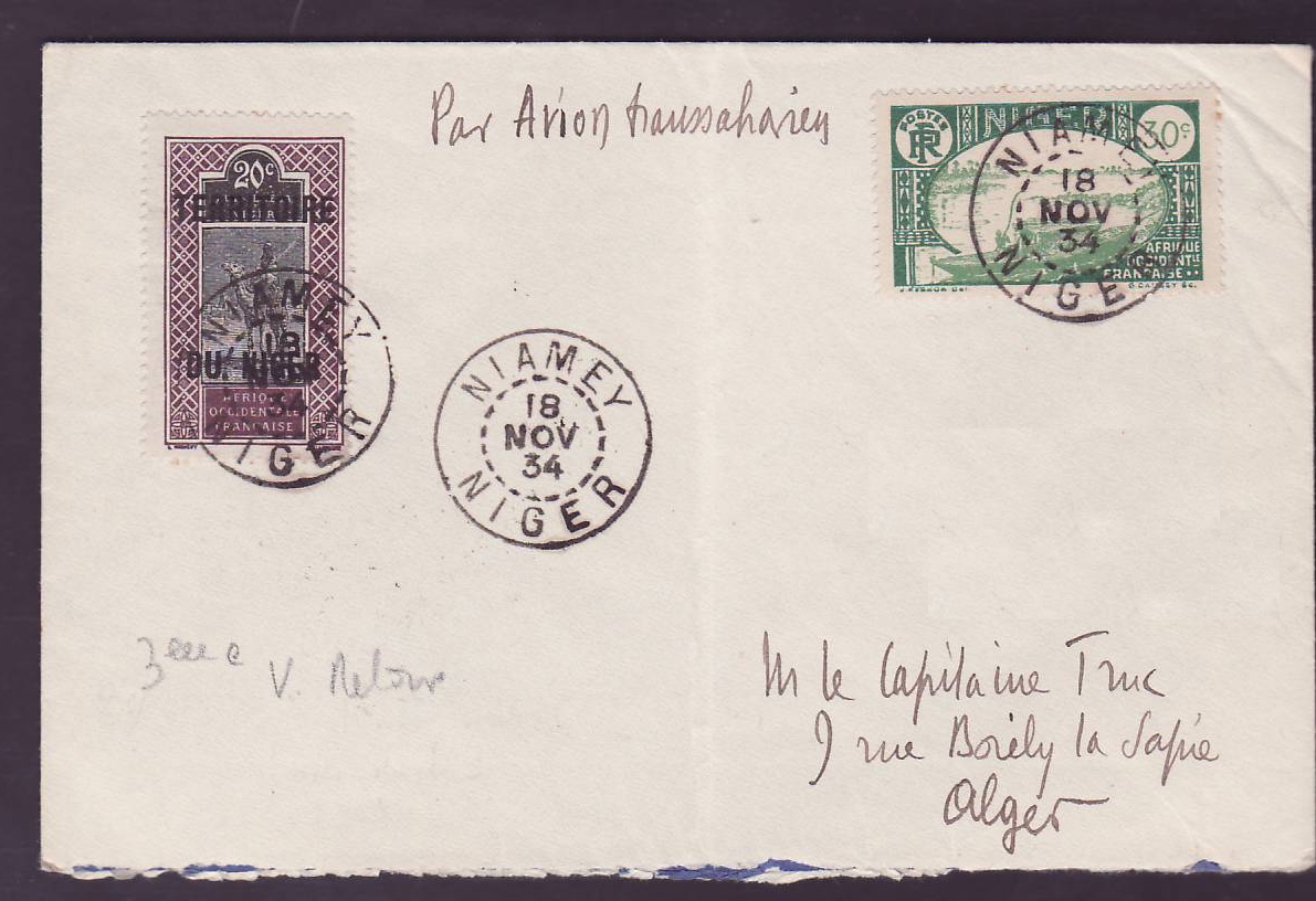 Lettre Niger 1er Vol retour Zinder Alger obl Niamey 18 NOV 34 pour Alger Rarissime