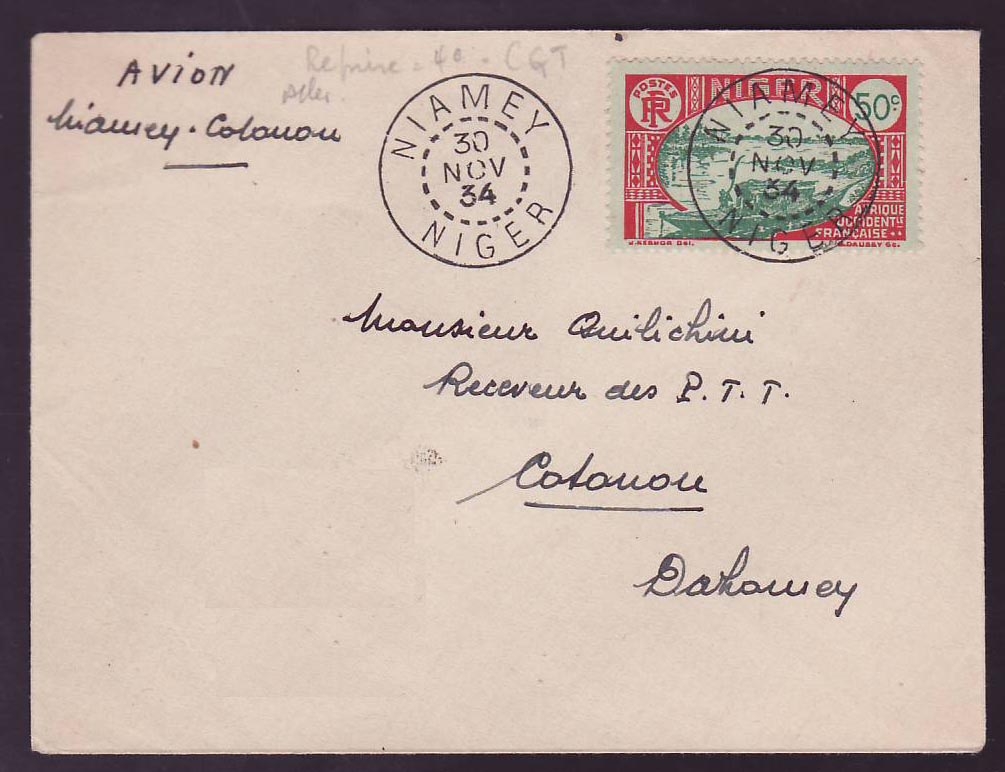 Niger 1er Vol Niamey Cotonou cad 30 NOV 34 pour Cotonou Rare