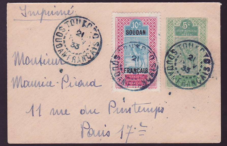 Haut Senegal et Niger Entier Postal + 10c cad Tombouctou 21 NO 33 pour Paris  France  rare