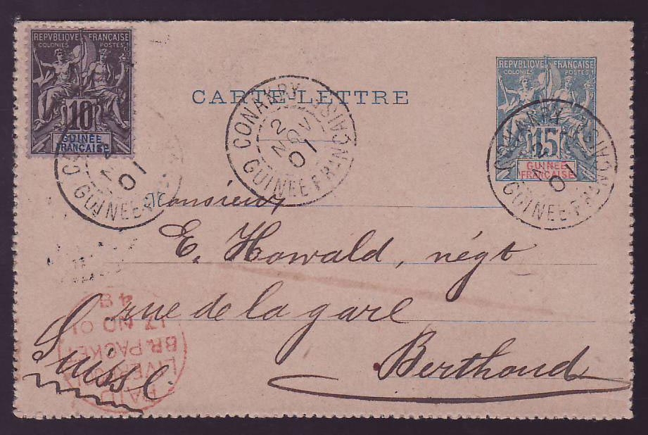 Guinee Entier Postal Groupe 15c + Groupe 10c avec cad Conakry 2 NOV 01 pour Berthoud Suisse