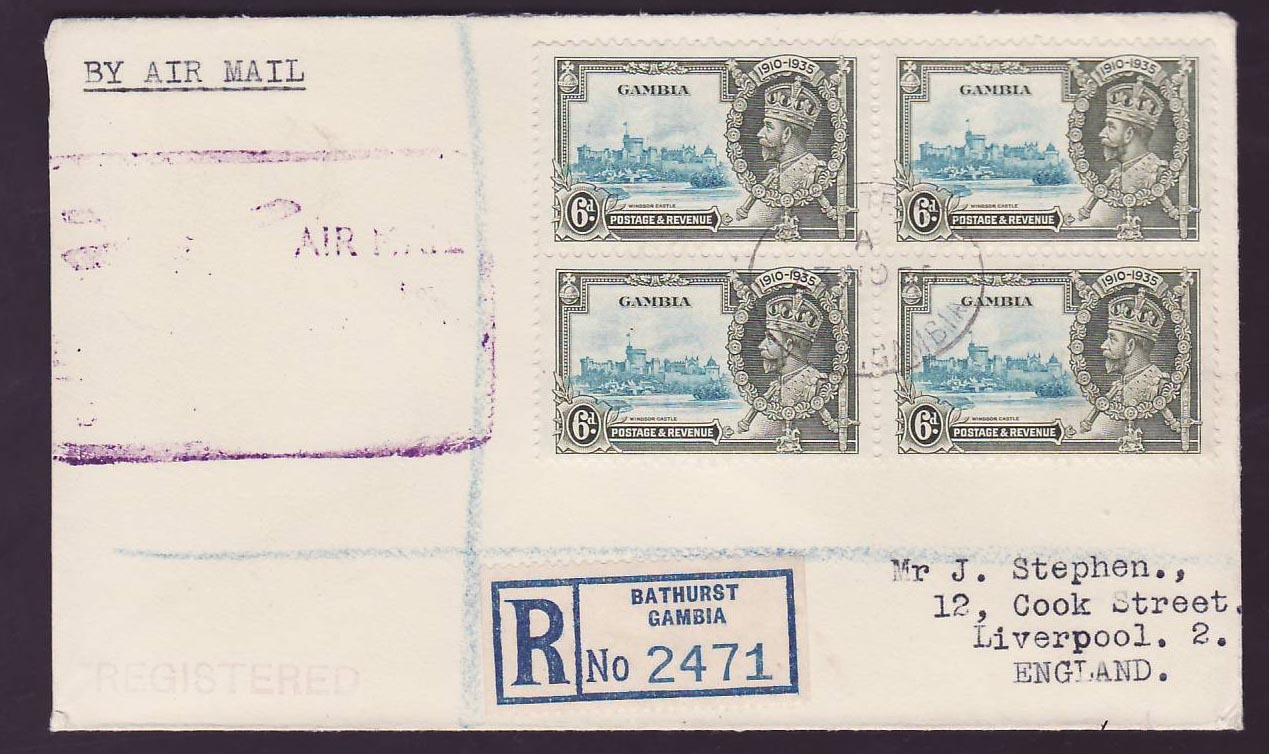 Gambia Gambie Air Mail cover with rare SG 145a6d Extra flagship partly erased in block of 4 to Liverpool England canc 1