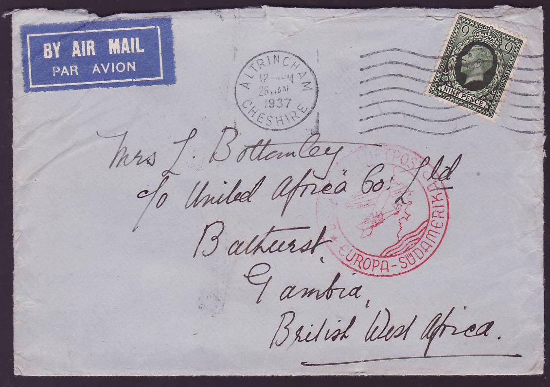 Gambia Gambie Zeppelin cover cs Altrincham Cheshire 1937 to Bathurst Rare Sudamerika Fahrt