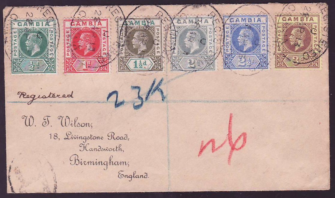 Gambia Gambie Cover with various GV values on Wilson cover dated AP 13 the 1d with RARE SPLIT A variety. Scarce