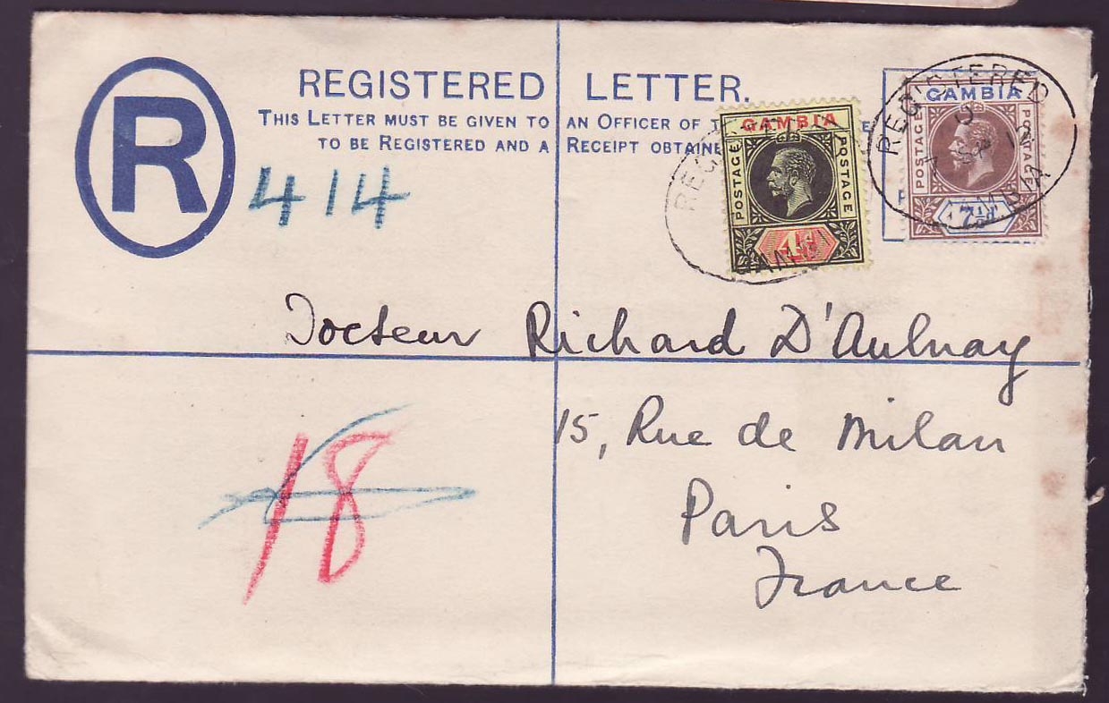 Gambia Gambie Registered letter with 4d and 7 1/2d value to Paris  France  dated AP 12. Scarce