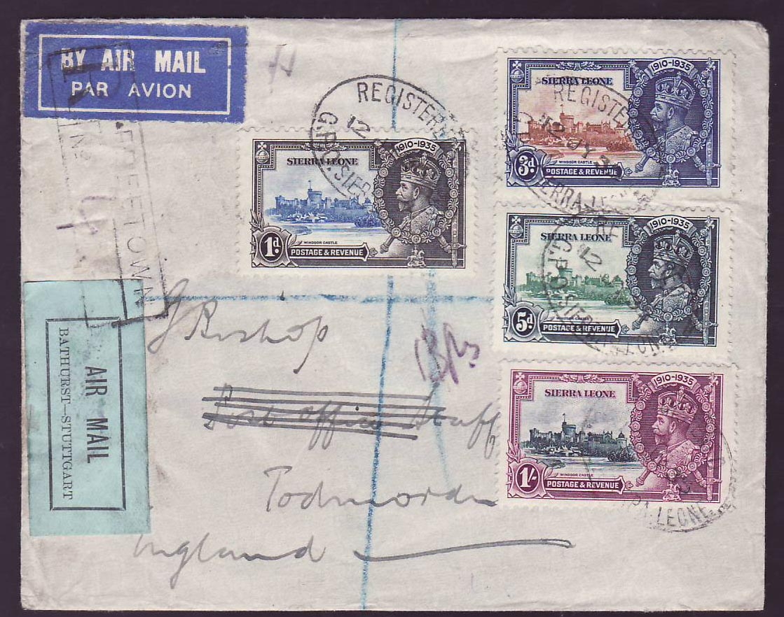 Gambia Gambie Cover with various Jubilee stamps canc Bathurst 35 and rare Air Mail cachet on back  Freetown cachet  for 