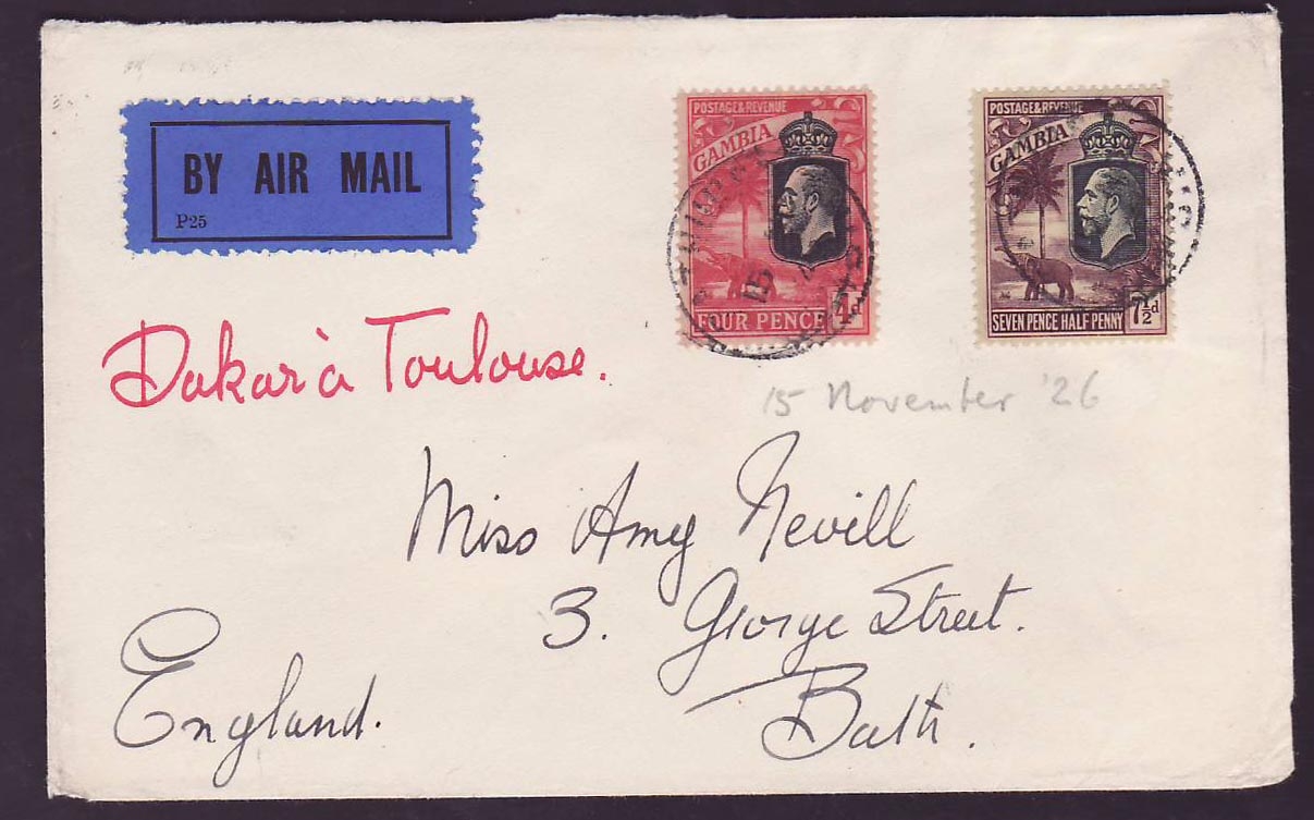 Gambia Gambie Cover addressed to UK with 4d and 7 1/2d Elephant adhesived on Dakar a Toulouse route  Scarce. Dated NOV 1