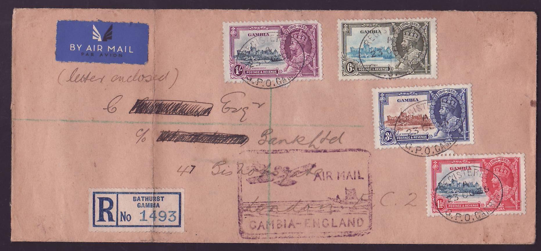 Gambia Gambie Cover with Jubilee stamps with Air Mail cachet to England dated OCT 35