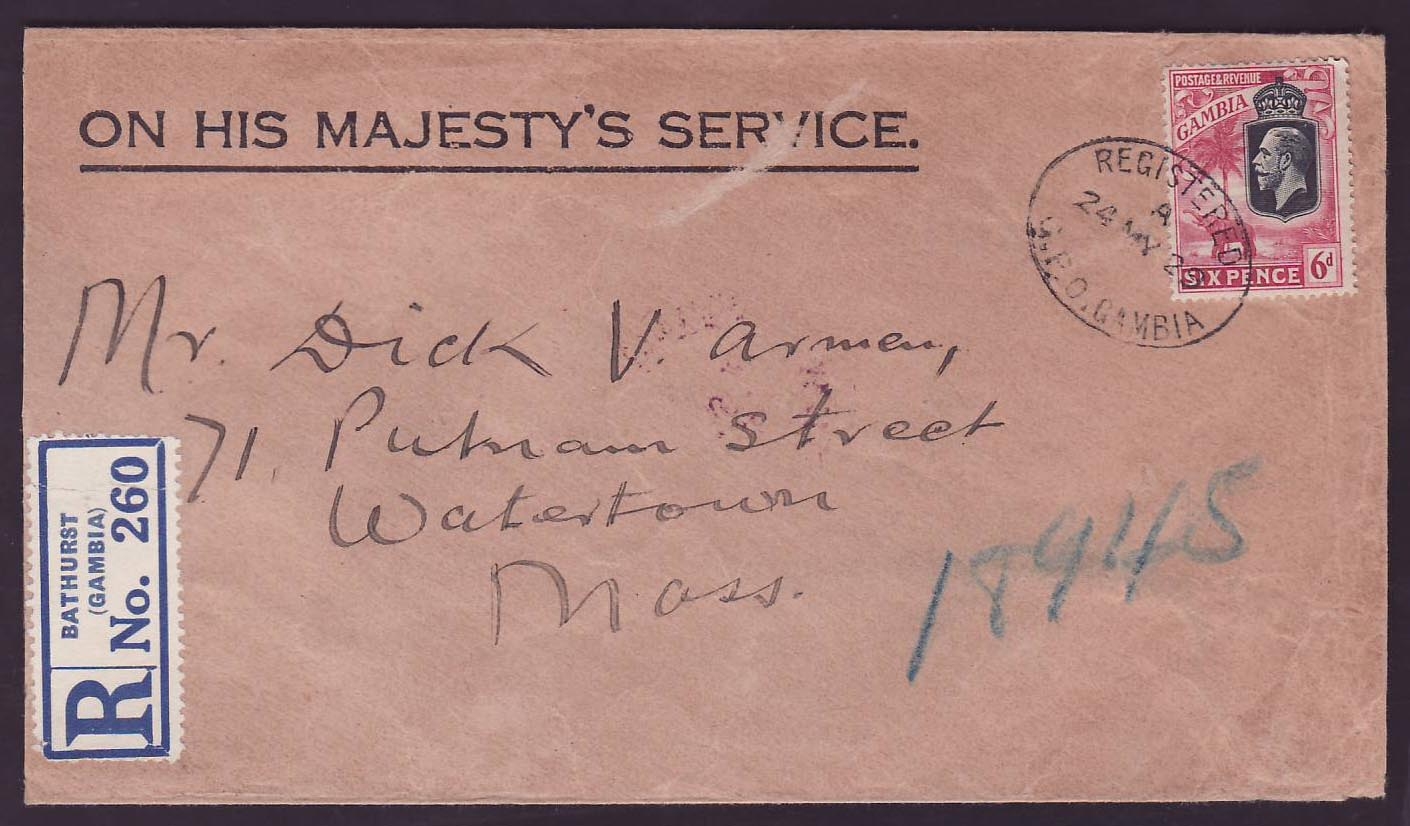 Gambia Gambie Cover with 6d Elephant Value on OHMS cover dated 1929