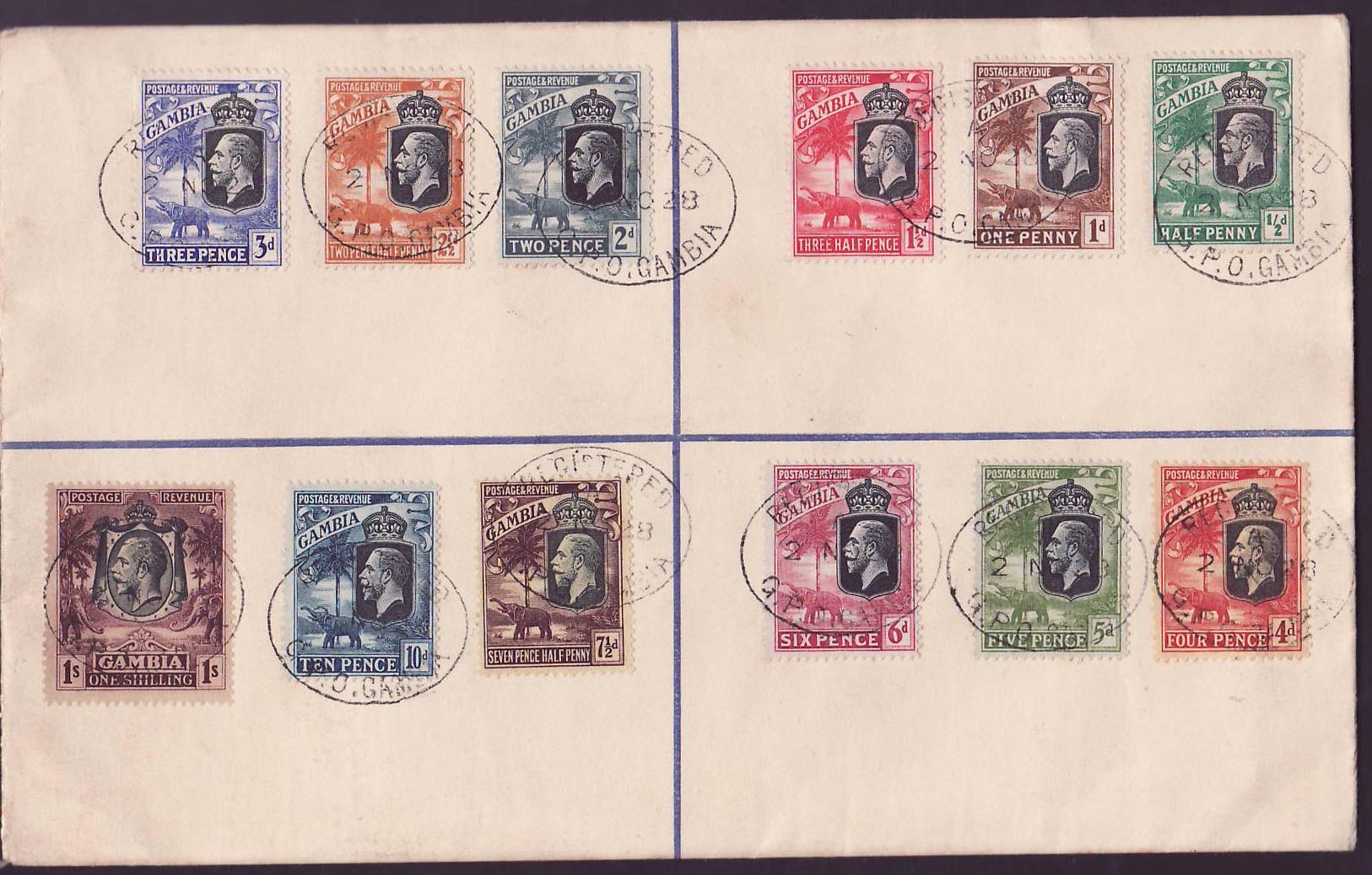 Gambia Gambie Registered letter with Elephant set (12 values)  cand NO 1928  scarce  to Bathurst