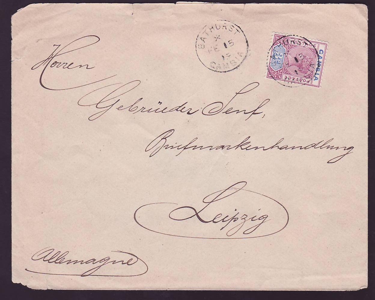 Gambia Gambie Cover to Germany with late QV 3d usage canc Bathurst FEB 15 19 to Leipzig  Germany