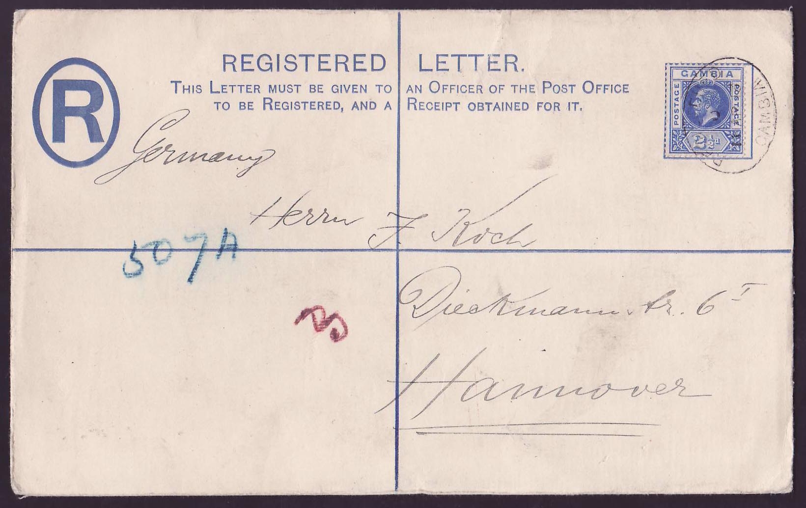 Gambia Gambie Registered 2 1/2d usage to Hannover  Germany  dated 1913