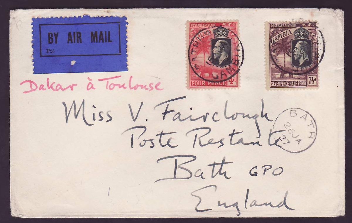 Gambia Gambie Scarce Dakar to Toulouse Mail with Elephant Values dated JA 27