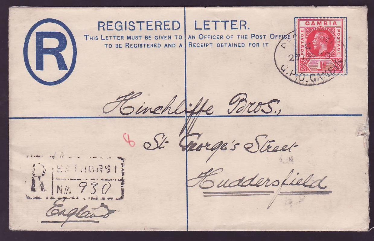 Gambia Gambie Registered letter with 1d value canc MA 20 to Huddersfield  England