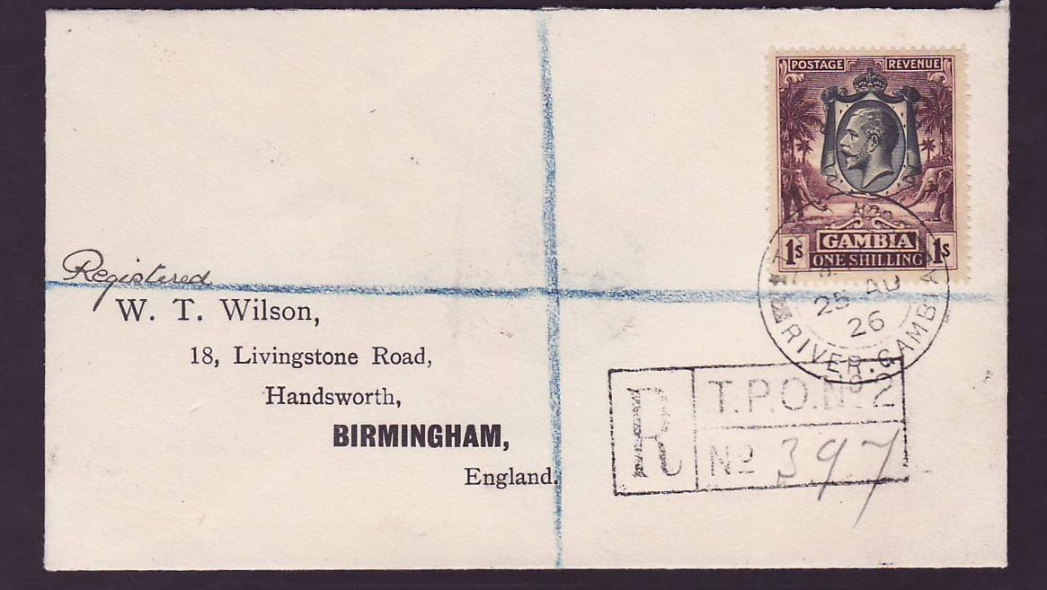 Gambia Gambie 5s Elephant value on Wilson cover  dated AU 26 Rare   with TPO #2 cancel  to Birmingham  England