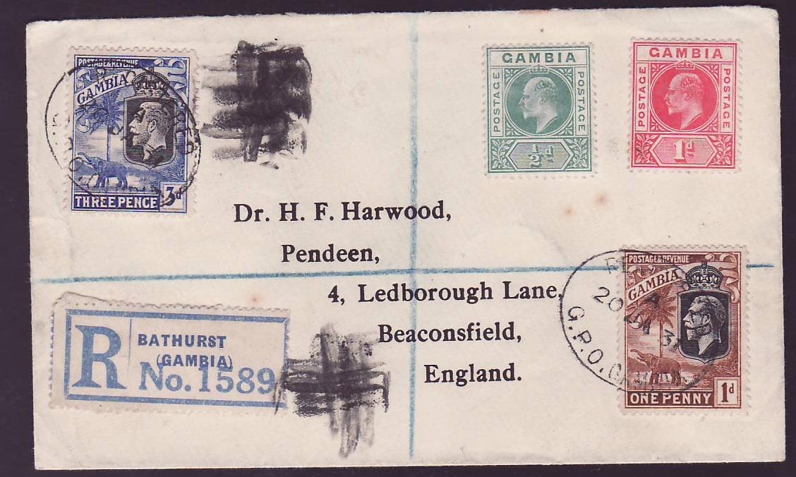 Gambia Gambie 1d + 3d values + EVII values for Beaconsfield  England  canc 1931