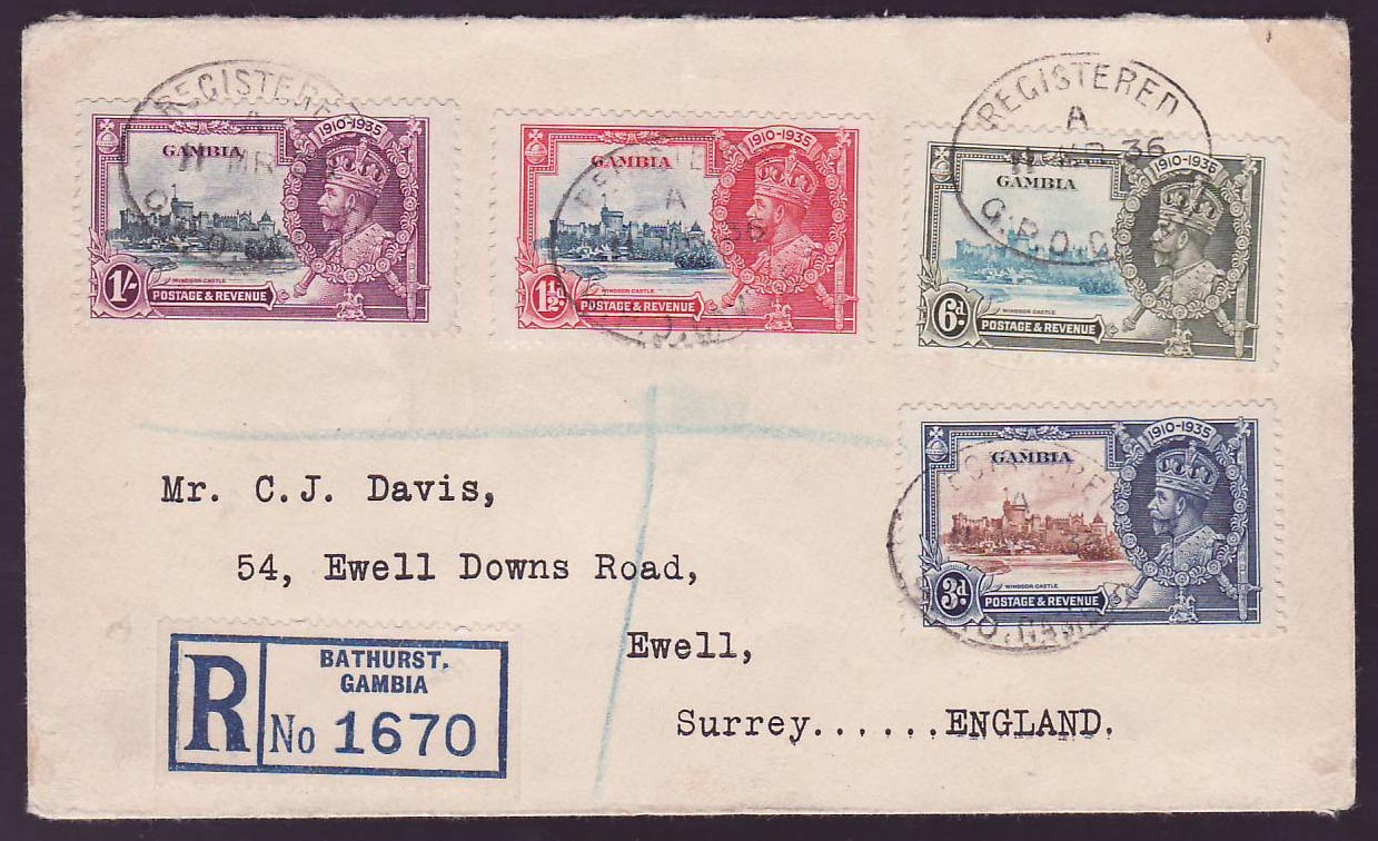 Gambia Gambie Jubilee issue on 1935 cover to Ewell  Surrey  England