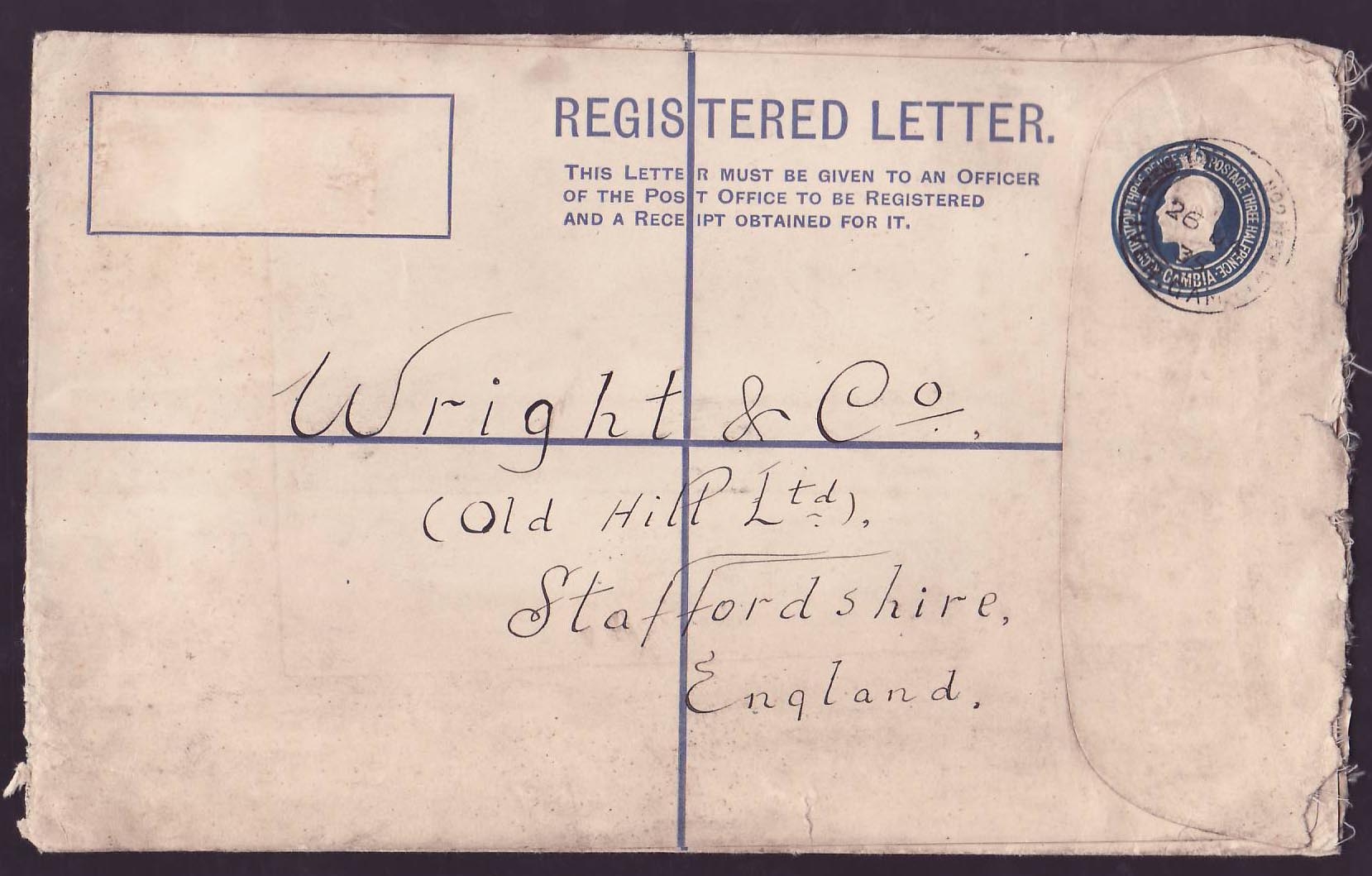 Gambia Gambie Registered letter to Staffordshire  England  dated 1933
