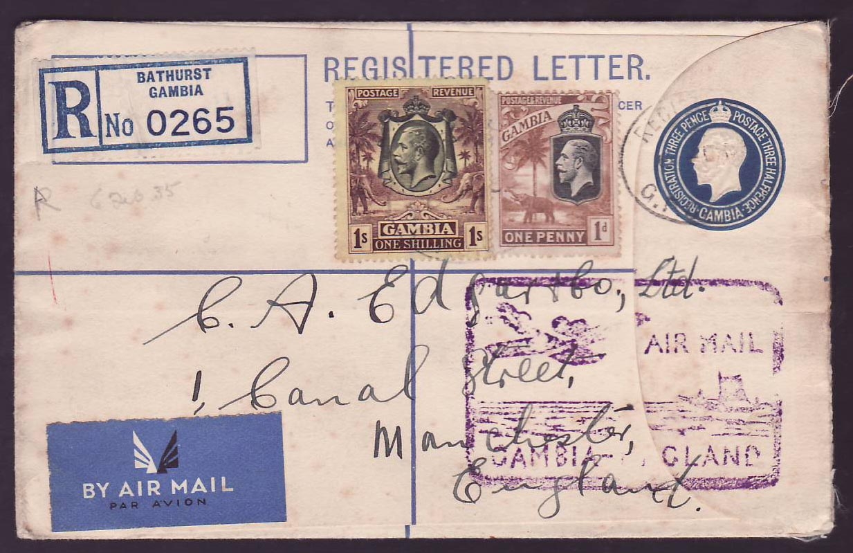 Gambia Gambie Registered letter with 1s affixed  with Air Mail cachet  scarce
