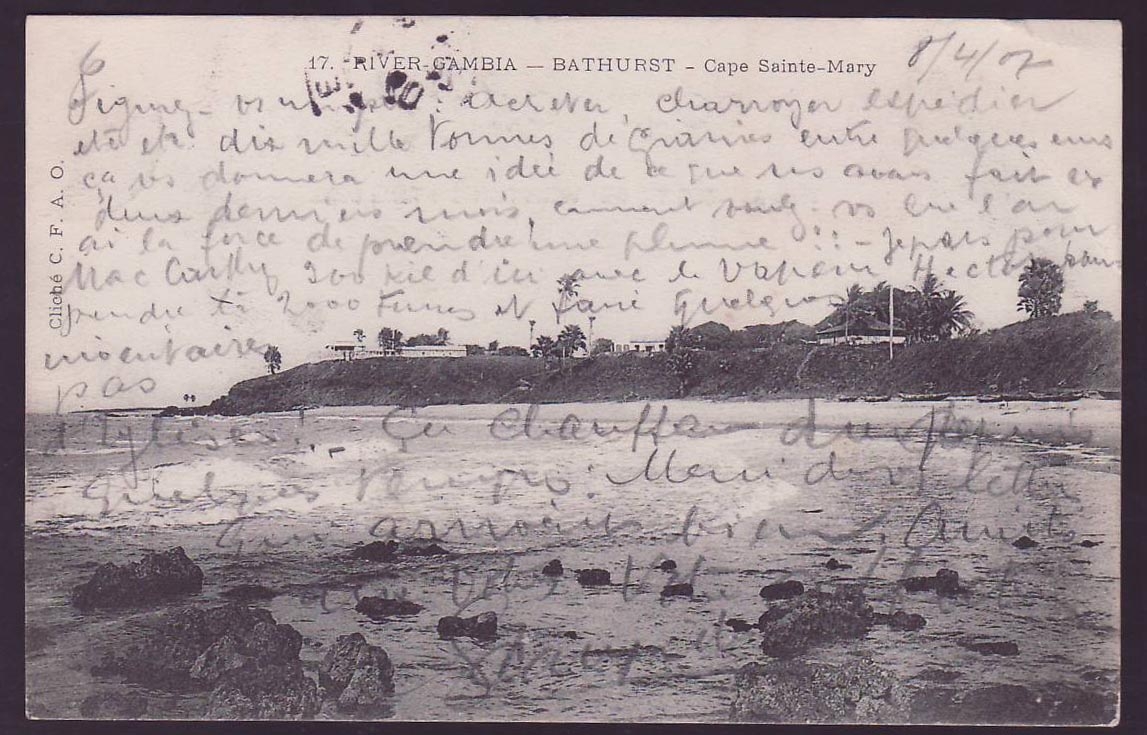 Gambia Gambie Postcard with 1d EVII adhesive Bathurst Cape Sainte Mary to Bordeaux  France
