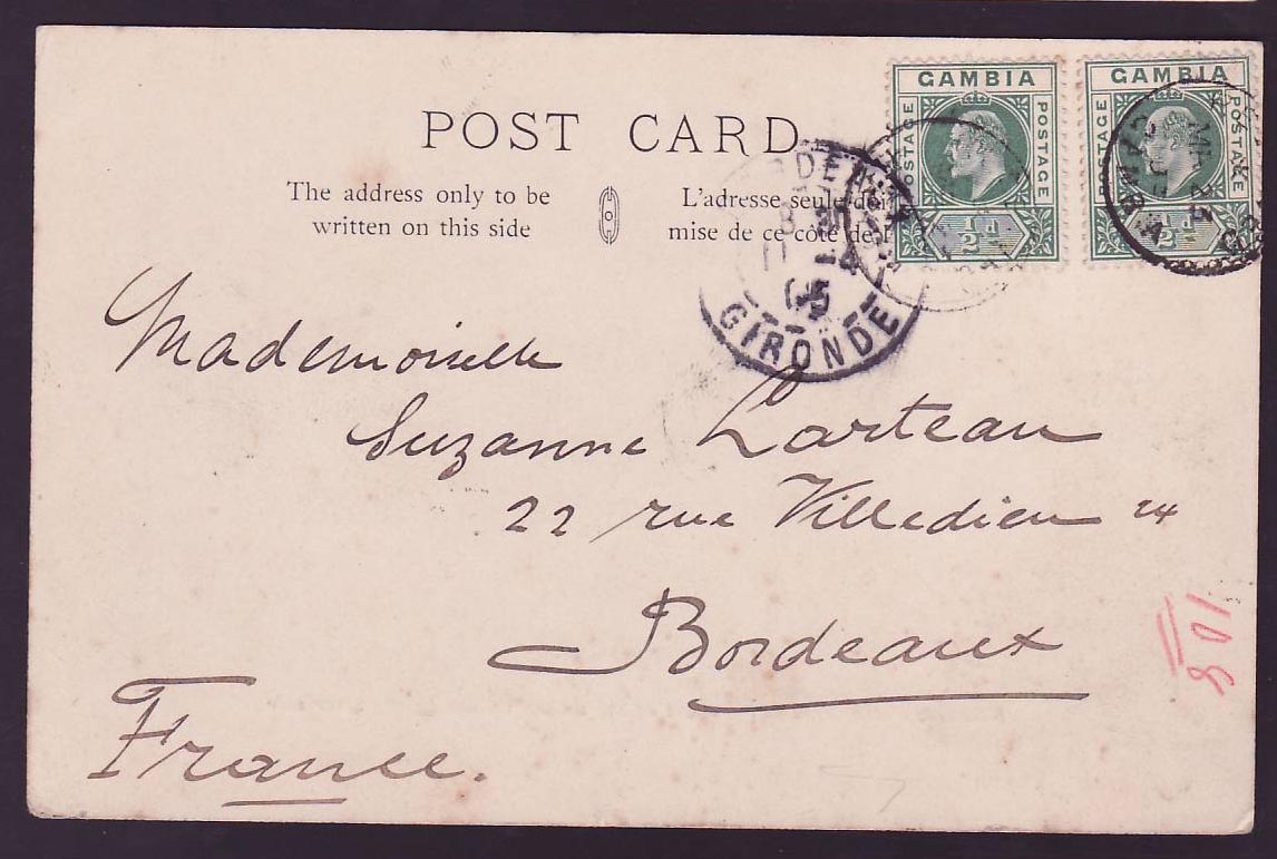 Gambia Gambie Postcard 1d EVII value picture Loading the ground nuts  to Southampton  England