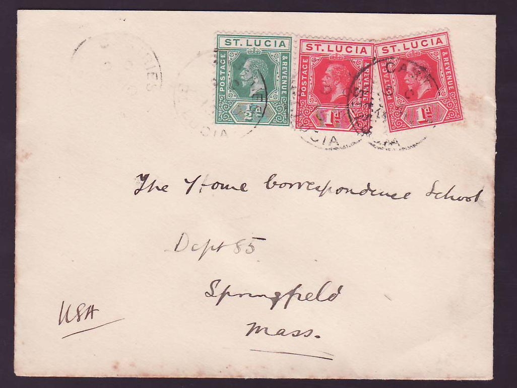 Cover St Lucia Lucie franked GV 2*1d + 1/2d for Springfield Massachussets USA