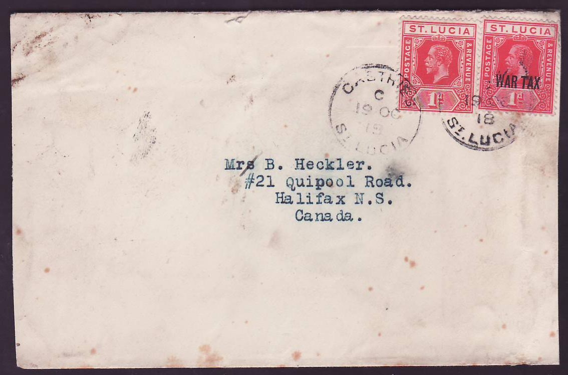 Cover St Lucia Lucie franked with 1d + War Tax 1d value for Halifax Canada dated OC 18