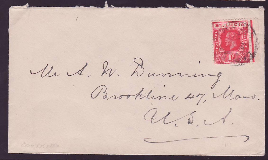 Cover St Lucia Lucie franked with 1d GV issue canc 20 for Mass USA