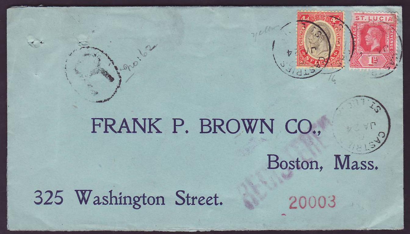 Cover St Lucia Lucie franked with 4d + 1d GV issue for Boston Mass USA canc JAN 14